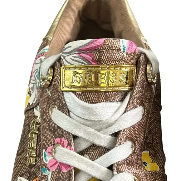 Guess Loven Sneakers Women's Size 9.5 M Casual Lace-up Logo Brown Pink Floral - Picture 3 of 15